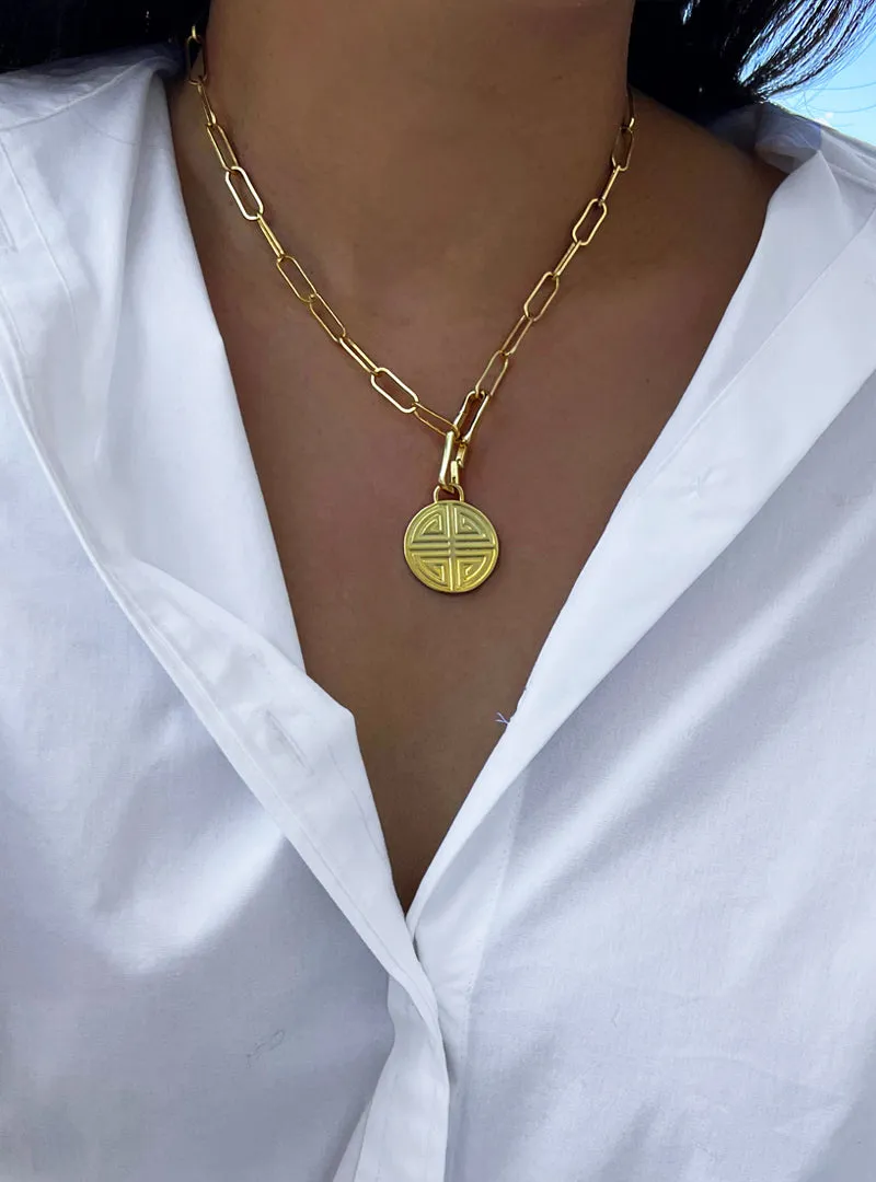 FOUR BLESSINGS Lucky Charm Coin Pendant Link Chain Necklace | Gender Neutral