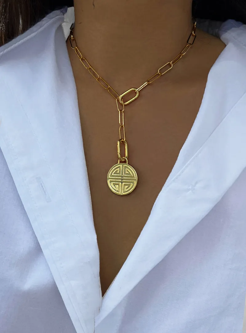 FOUR BLESSINGS Lucky Charm Coin Pendant Link Chain Necklace | Gender Neutral