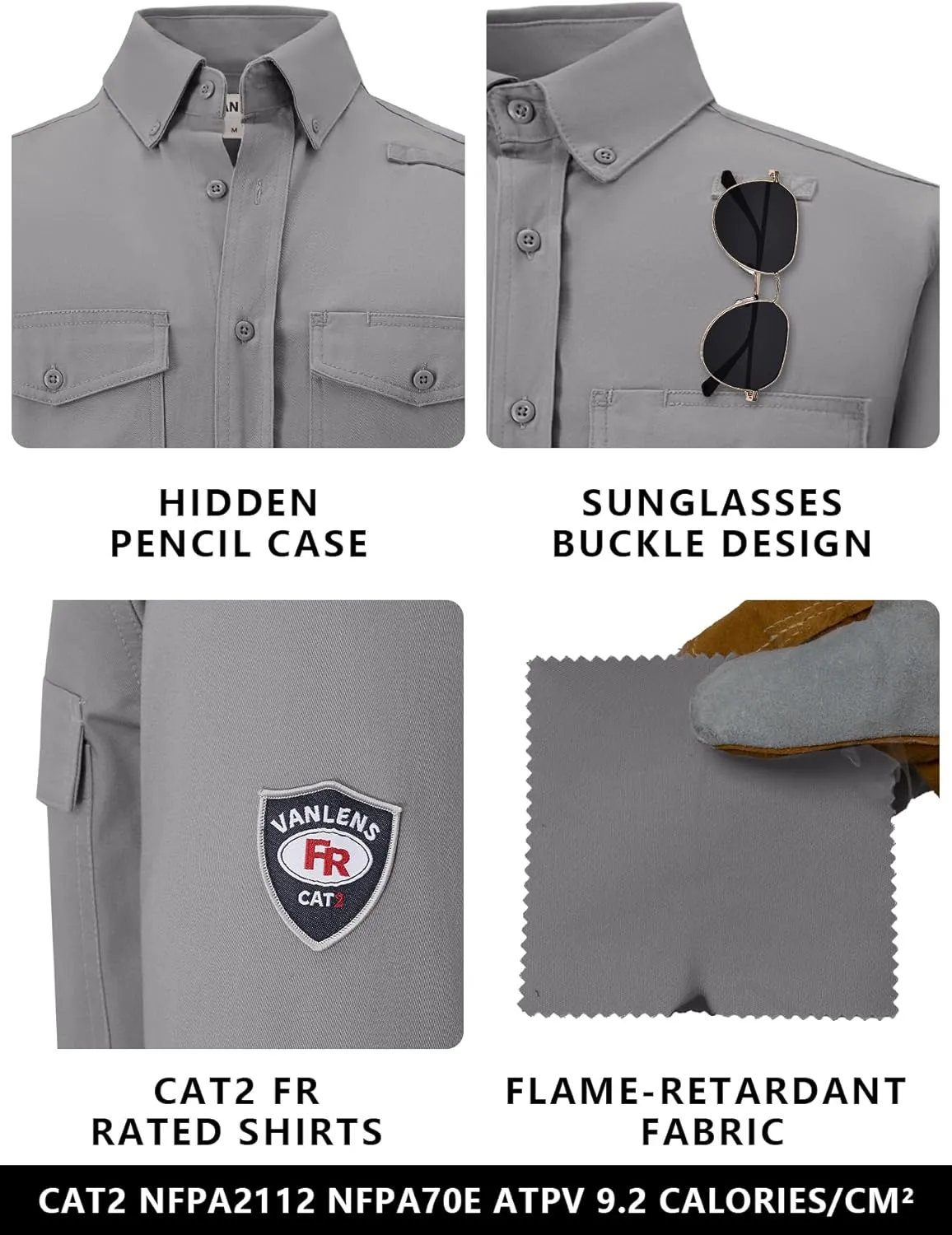 FR Shirts for Men 6.5OZ Welding Shirt Pearl Snap Light Weight Flame Resistant Shirts CAT2/NFPA2112