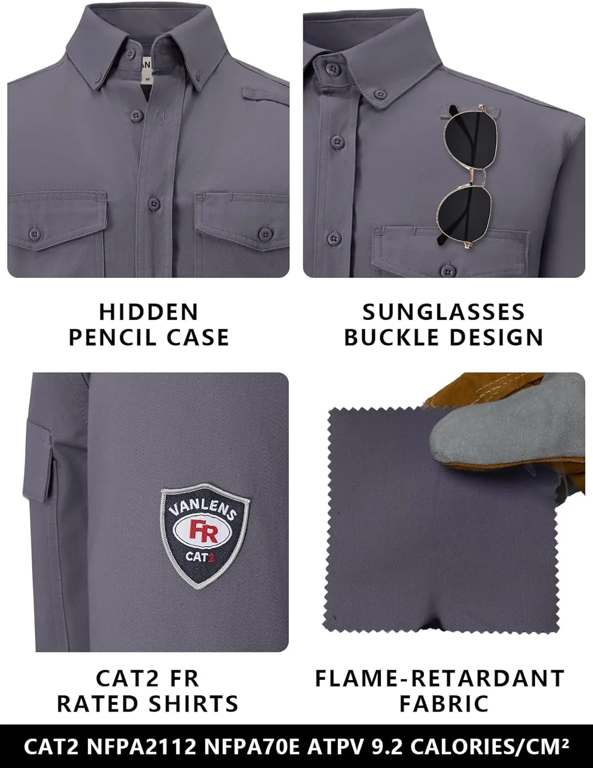 FR Shirts for Men 6.5OZ Welding Shirt Pearl Snap Light Weight Flame Resistant Shirts CAT2/NFPA2112