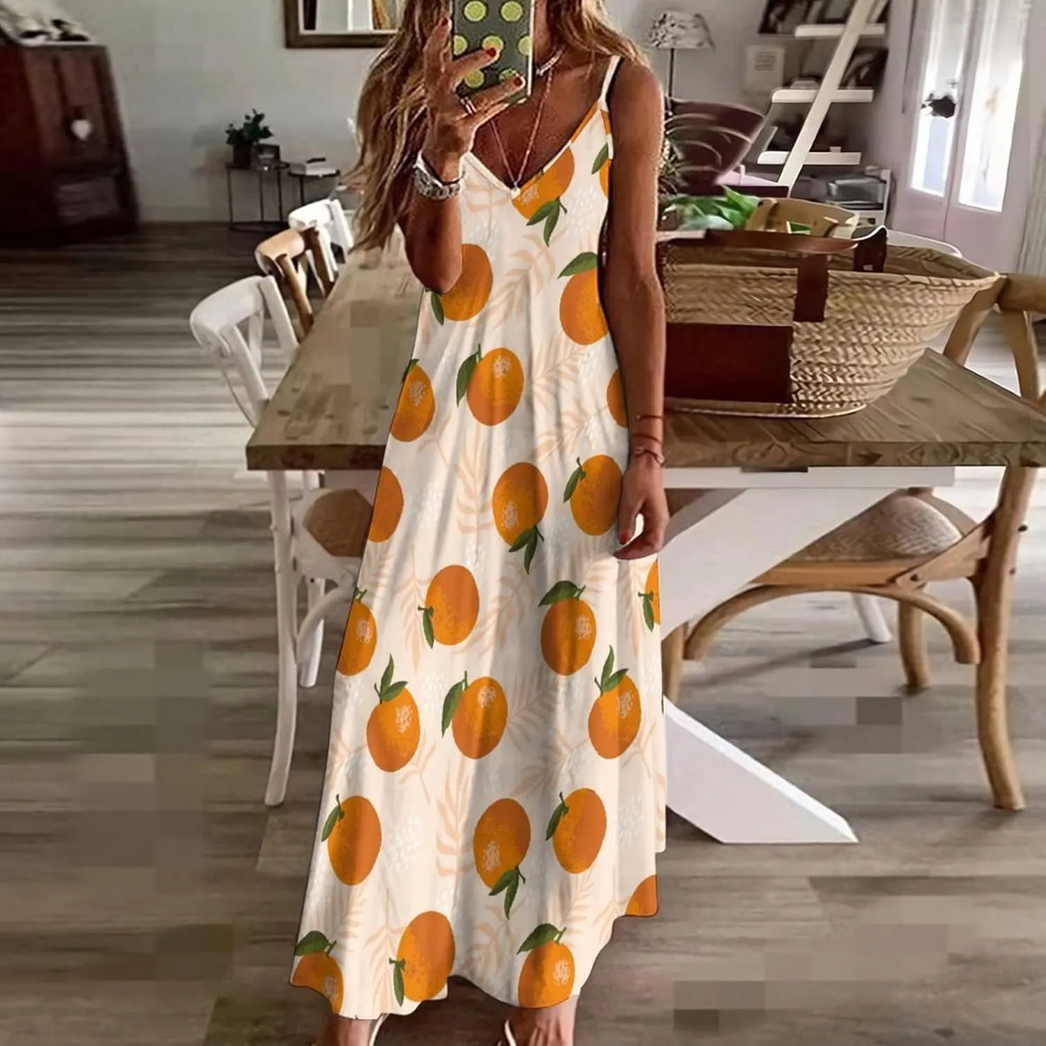 Fruit of Oranges and Leaves Pattern Summer Dresses Maxi Dress Sundress Beach Dresses for Women