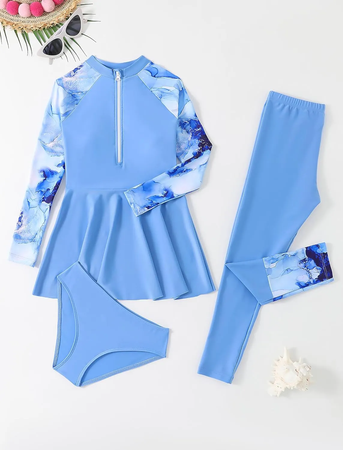 FYMNSI Kids Burkini Swimsuits Girls Baby Modest Muslim Swimwear Long Sleeve Swim Top Pants Hijab 3PCS Bathing Suit Rash Guard