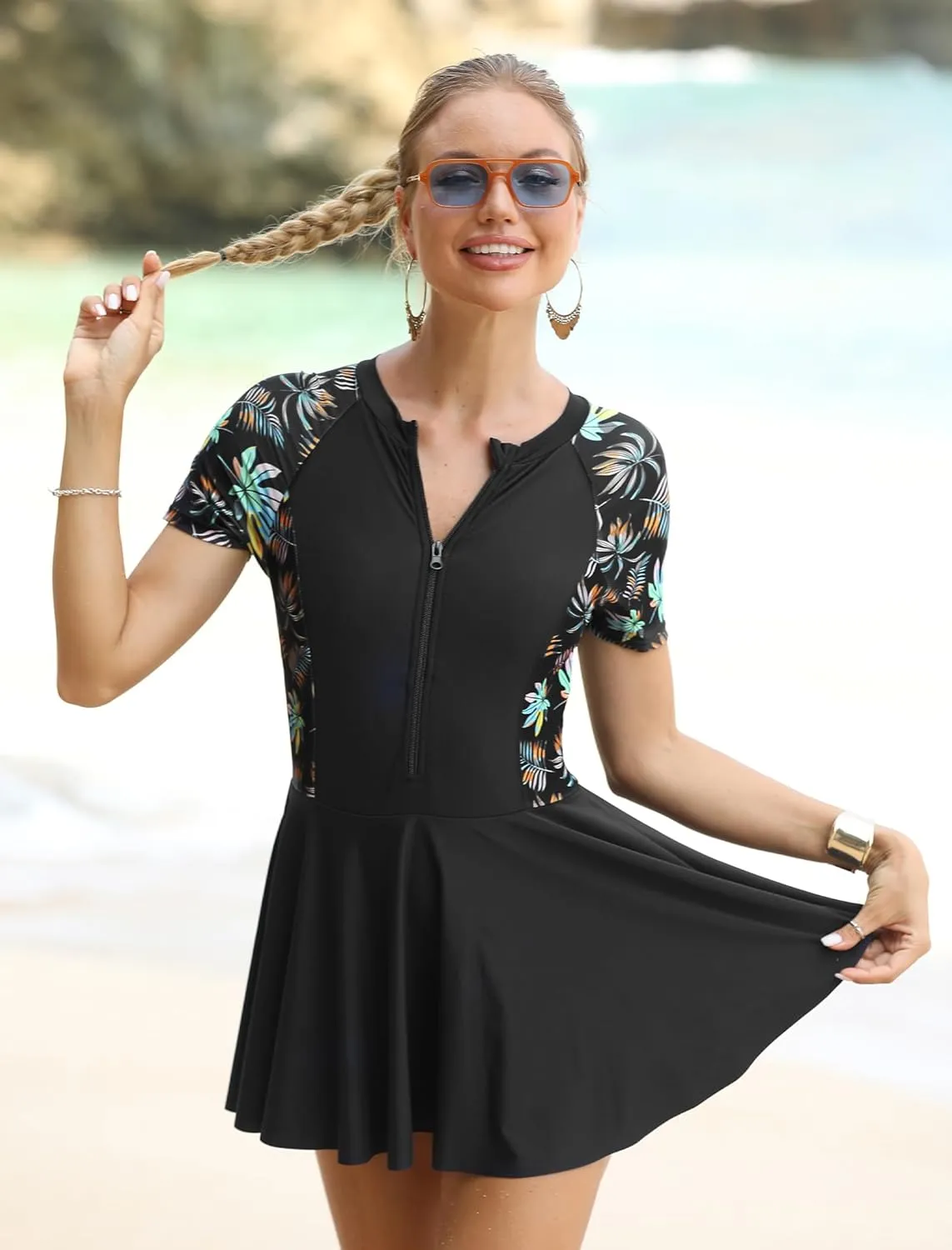 FYMNSI Womens Rash Guard One Piece Swimsuit Zipper Short Sleeve Swim Dress with Shorts Modest Bathing Suit Athletic Swimskirt