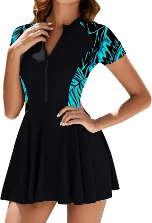 FYMNSI Womens Rash Guard One Piece Swimsuit Zipper Short Sleeve Swim Dress with Shorts Modest Bathing Suit Athletic Swimskirt