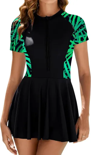 FYMNSI Womens Rash Guard One Piece Swimsuit Zipper Short Sleeve Swim Dress with Shorts Modest Bathing Suit Athletic Swimskirt