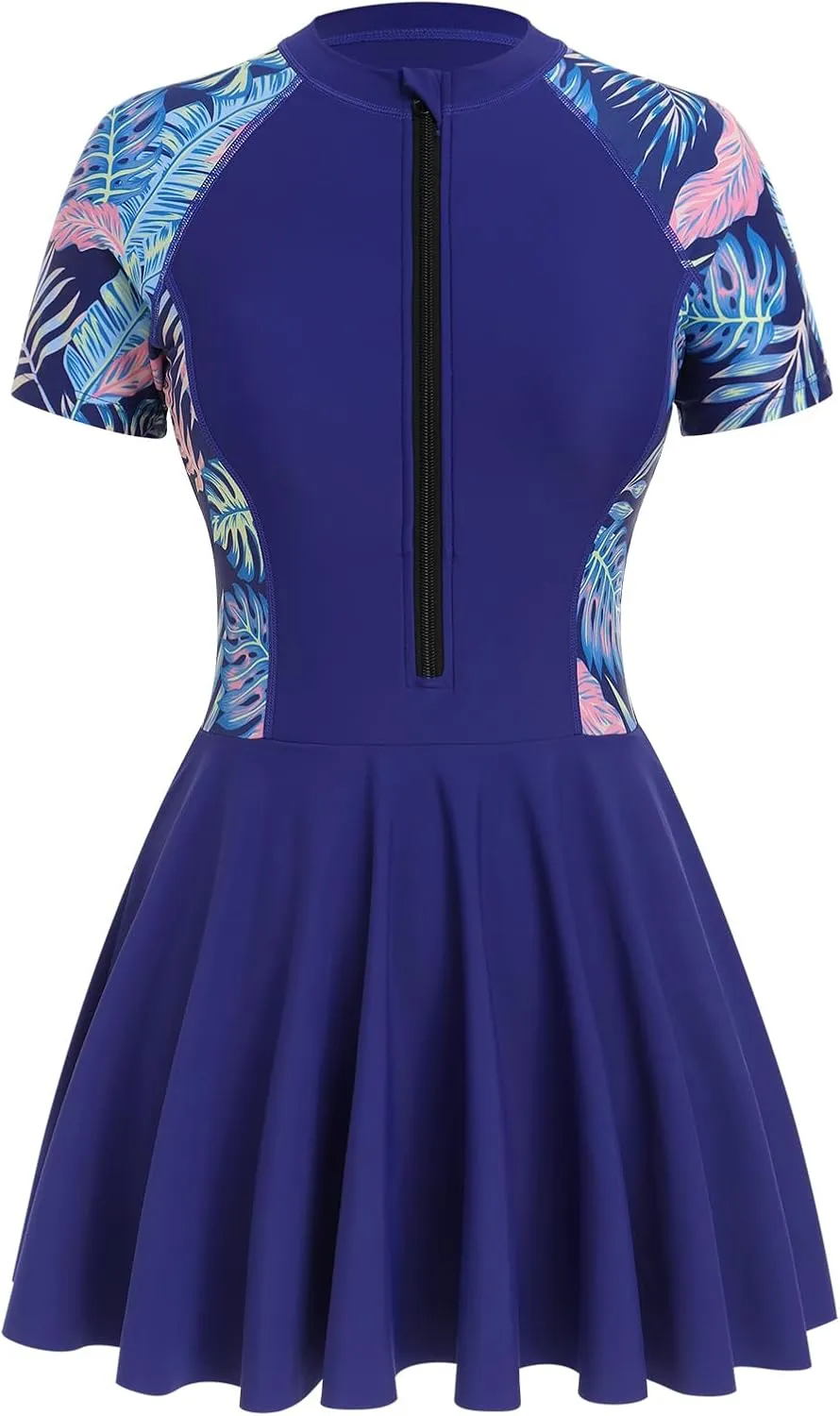 FYMNSI Womens Rash Guard One Piece Swimsuit Zipper Short Sleeve Swim Dress with Shorts Modest Bathing Suit Athletic Swimskirt