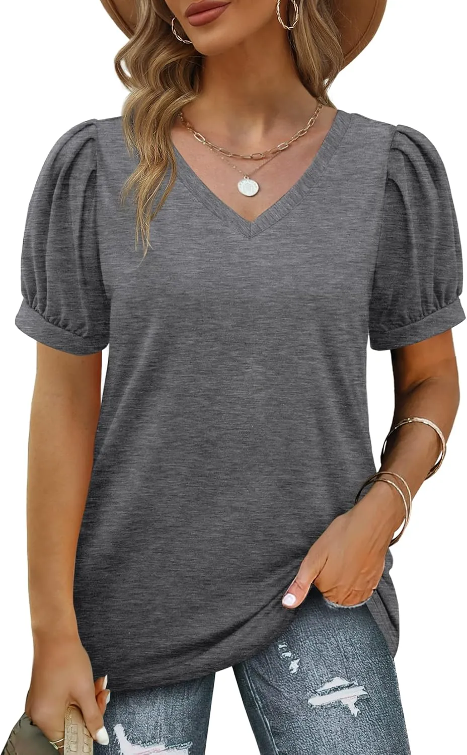 Geifa Womens Summer Tops Puff Short Sleeve V Neck T Shirts Loose Casual Tshirts