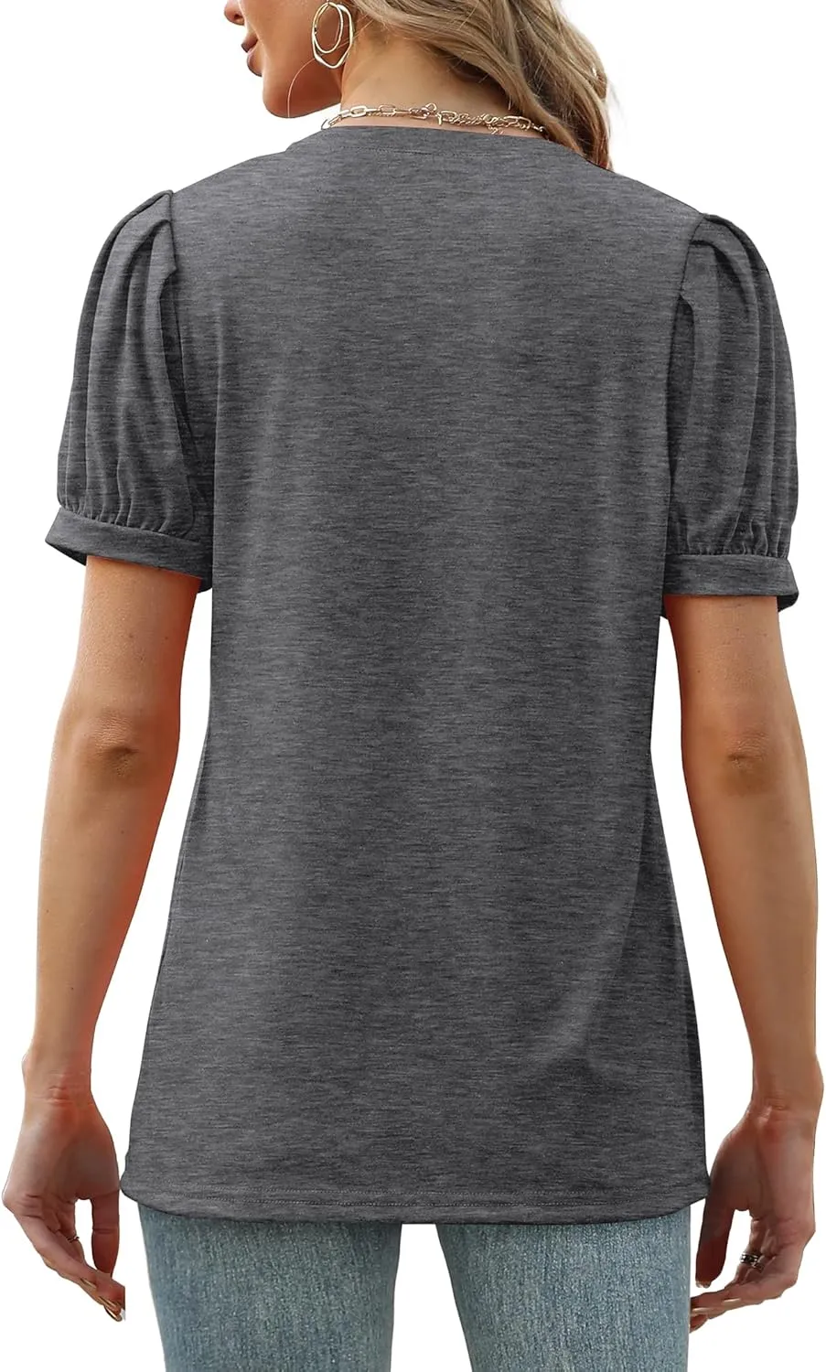Geifa Womens Summer Tops Puff Short Sleeve V Neck T Shirts Loose Casual Tshirts