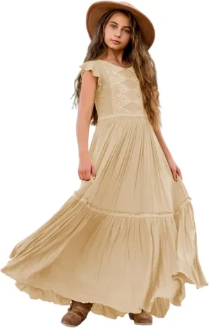 Girls O-Neck Chiffon Dresses Tiered Boho Flower Girl Ruffle Sleeve Lace Ruched A-Line Maxi Wedding Party Dresses