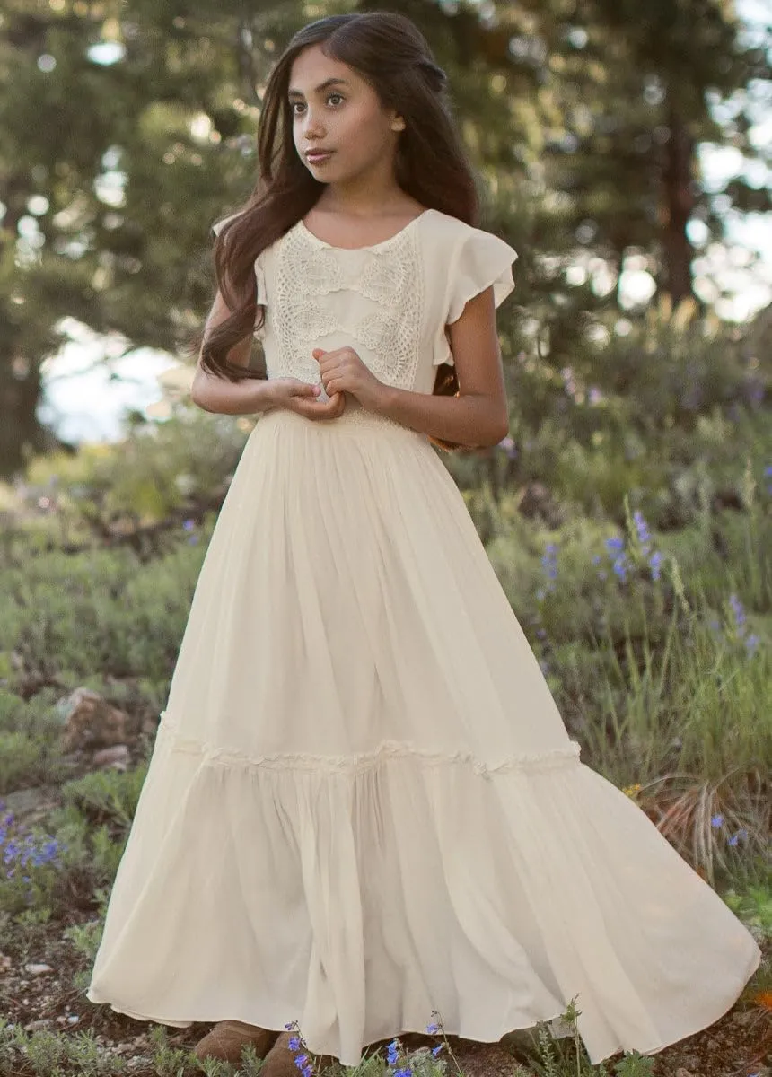 Girls O-Neck Chiffon Dresses Tiered Boho Flower Girl Ruffle Sleeve Lace Ruched A-Line Maxi Wedding Party Dresses