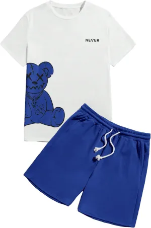 GORGLITTER Men's Letter Graphic Print T Shirts Short Sleeve Top & Shorts Casual Two Piece Sets