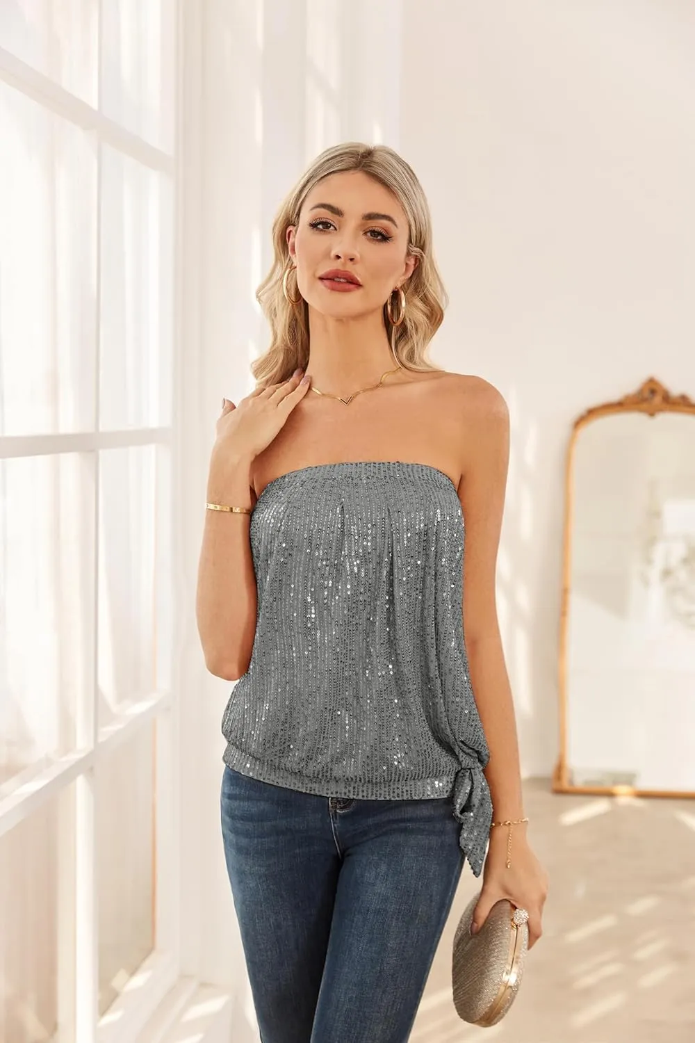 GRACE KARIN Sequin Tops for Women Sparkly Elastic Ruched Twist Knot Tie for Party