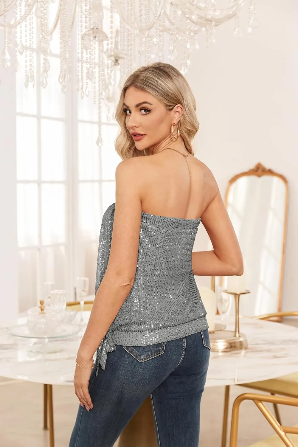 GRACE KARIN Sequin Tops for Women Sparkly Elastic Ruched Twist Knot Tie for Party