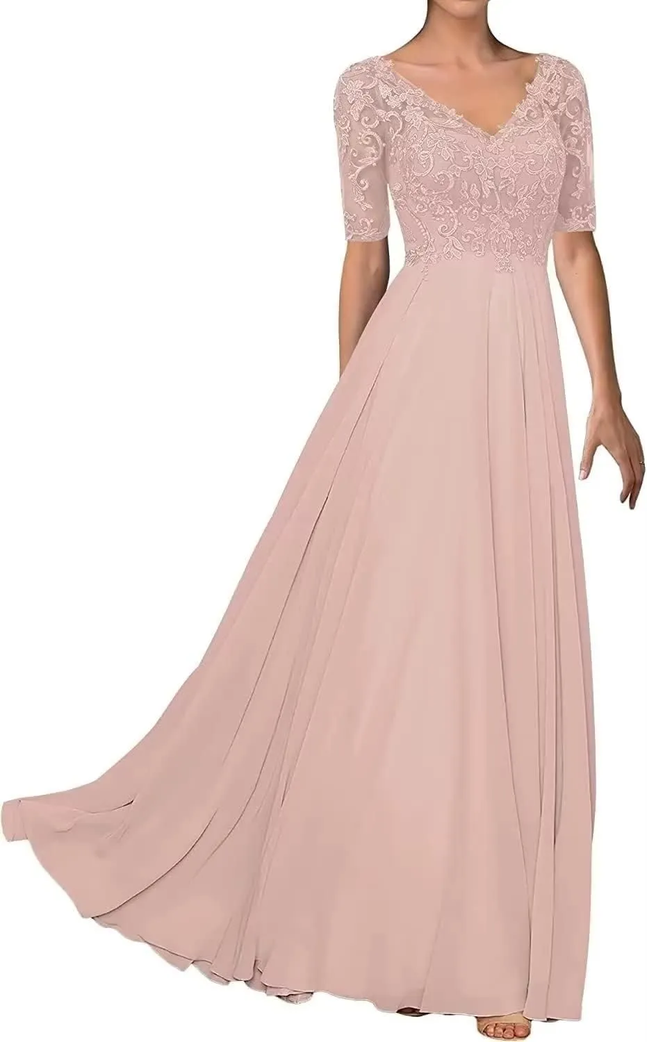 Half Sleeve Mother of The Bride Dresses for Wedding Lace Appliques Chiffon Formal Evening Party Gown
