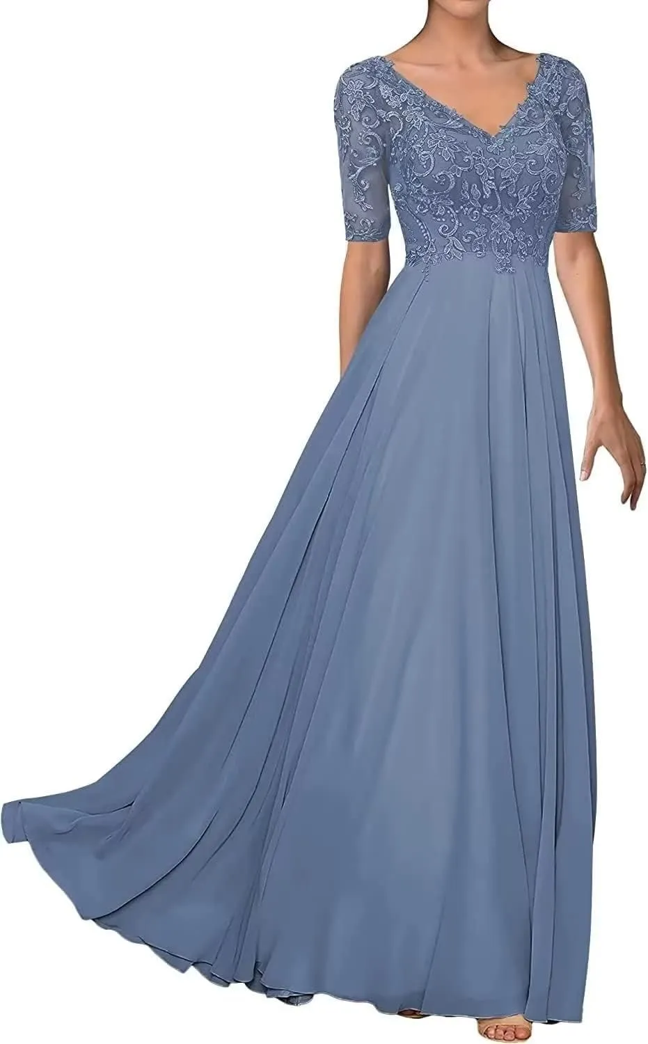 Half Sleeve Mother of The Bride Dresses for Wedding Lace Appliques Chiffon Formal Evening Party Gown