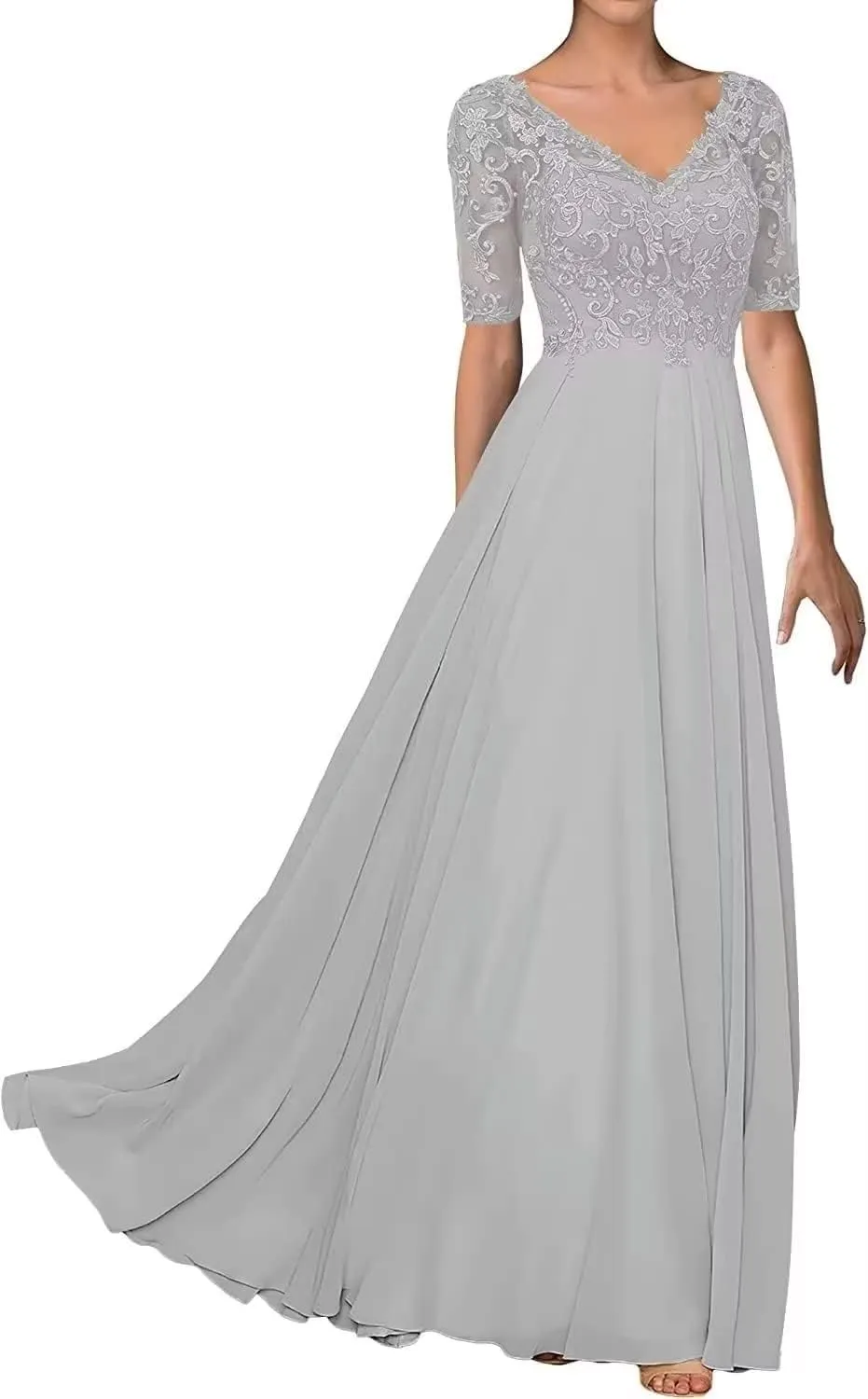 Half Sleeve Mother of The Bride Dresses for Wedding Lace Appliques Chiffon Formal Evening Party Gown