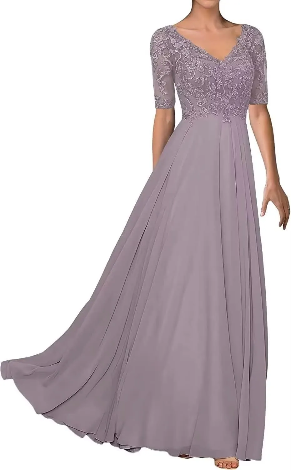 Half Sleeve Mother of The Bride Dresses for Wedding Lace Appliques Chiffon Formal Evening Party Gown