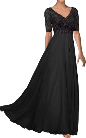 Half Sleeve Mother of The Bride Dresses for Wedding Lace Appliques Chiffon Formal Evening Party Gown