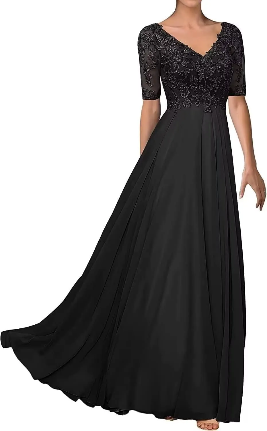 Half Sleeve Mother of The Bride Dresses for Wedding Lace Appliques Chiffon Formal Evening Party Gown