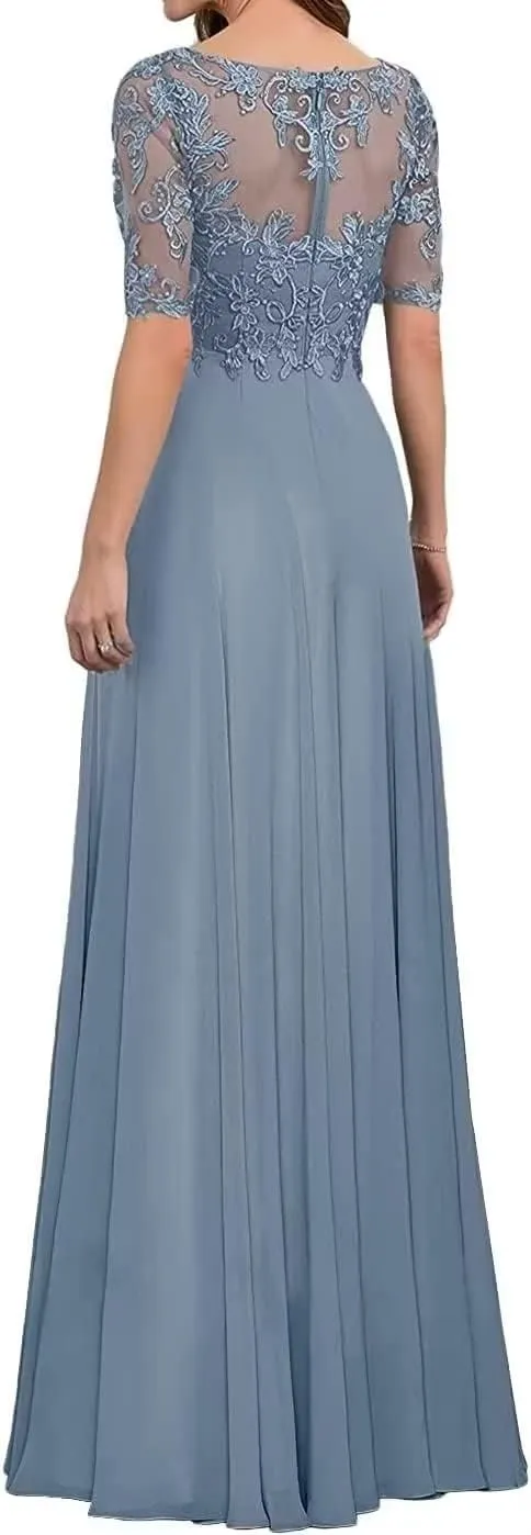 Half Sleeve Mother of The Bride Dresses for Wedding Lace Appliques Chiffon Formal Evening Party Gown