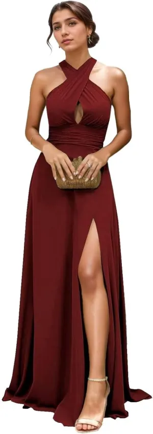 Halter Bridesmaid Dresses for Wedding Long Chiffon Formal Dresses for Women 2024 with Slit Prom Dress for Teens
