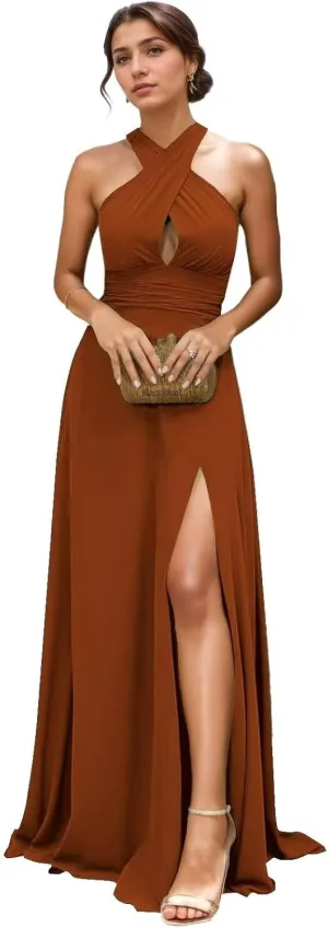 Halter Bridesmaid Dresses for Wedding Long Chiffon Formal Dresses for Women 2024 with Slit Prom Dress for Teens