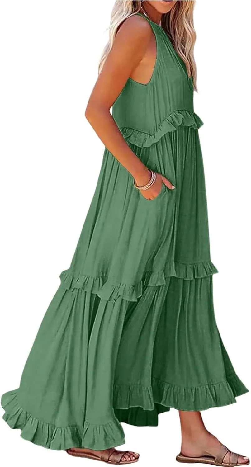 Halter Maxi Dresses for Women Flowy Summer Sleeveless Ruffle Dress Summer Smocked Layered Formal Long Dresses