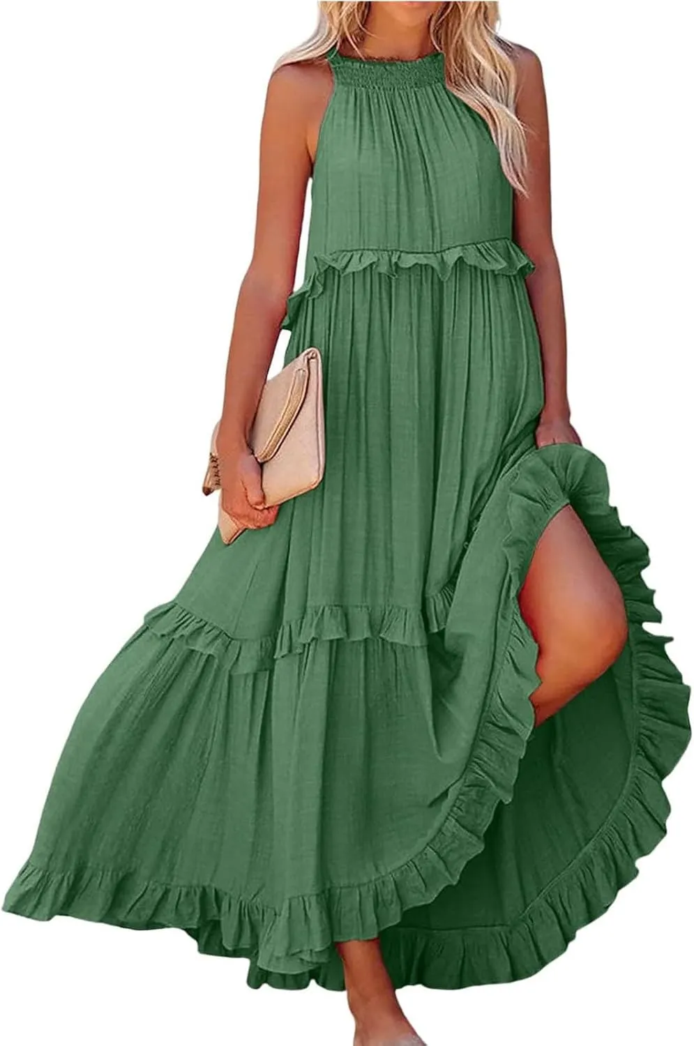 Halter Maxi Dresses for Women Flowy Summer Sleeveless Ruffle Dress Summer Smocked Layered Formal Long Dresses