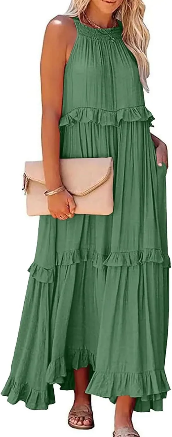 Halter Maxi Dresses for Women Flowy Summer Sleeveless Ruffle Dress Summer Smocked Layered Formal Long Dresses