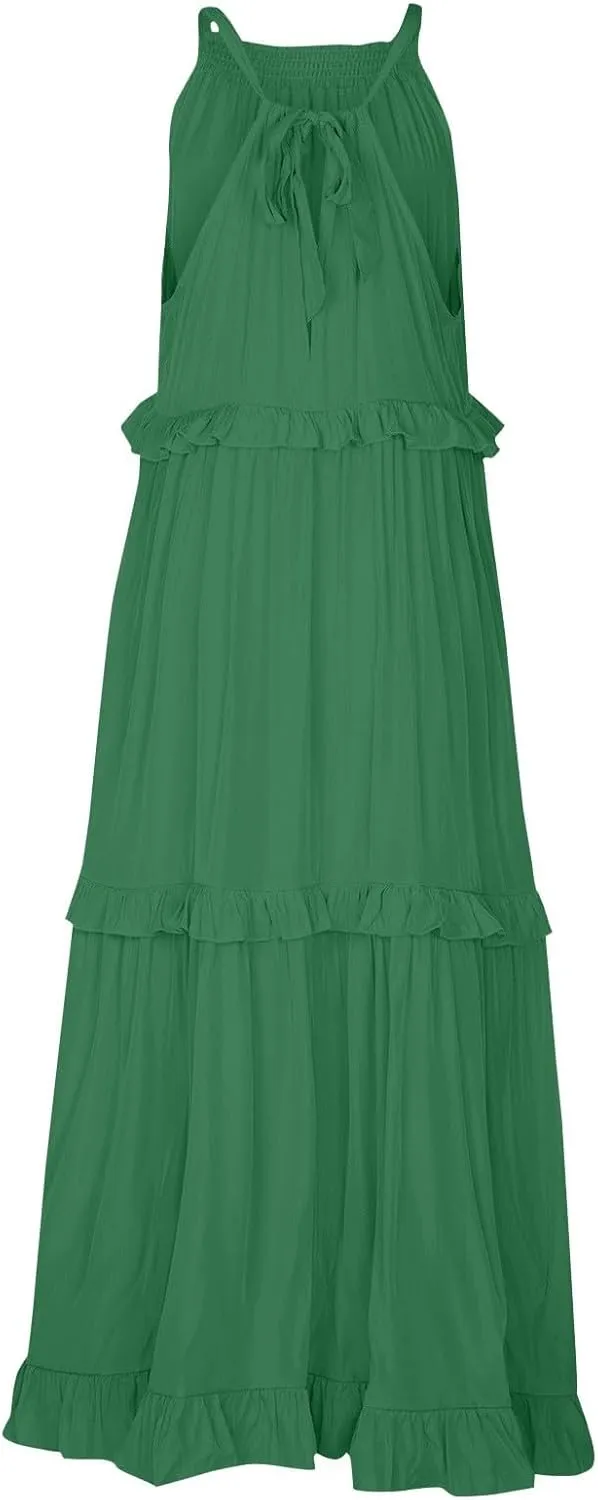 Halter Maxi Dresses for Women Flowy Summer Sleeveless Ruffle Dress Summer Smocked Layered Formal Long Dresses