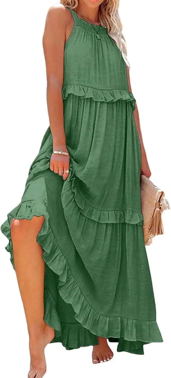 Halter Maxi Dresses for Women Flowy Summer Sleeveless Ruffle Dress Summer Smocked Layered Formal Long Dresses