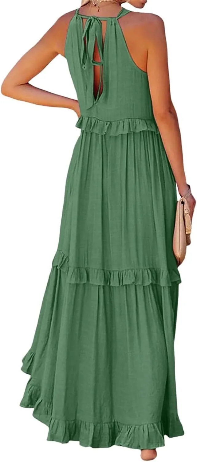Halter Maxi Dresses for Women Flowy Summer Sleeveless Ruffle Dress Summer Smocked Layered Formal Long Dresses