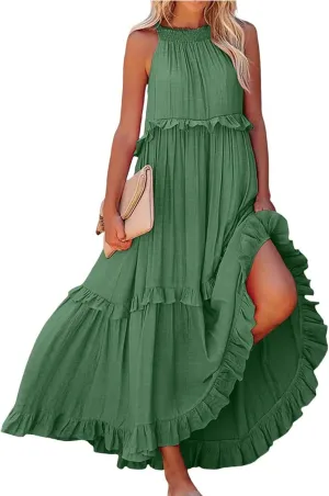 Halter Maxi Dresses for Women Flowy Summer Sleeveless Ruffle Dress Summer Smocked Layered Formal Long Dresses
