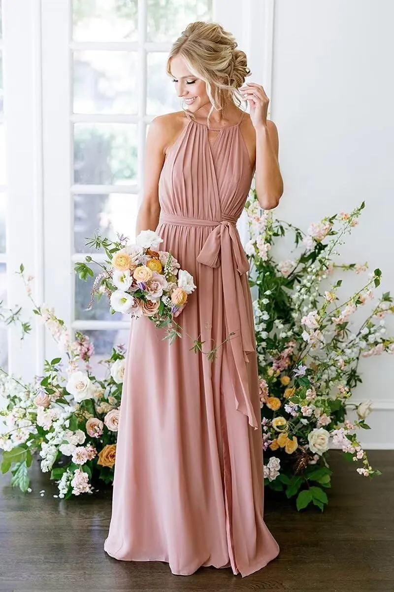 Halterneck Bridesmaid Dresses for Wedding Pleated Chiffon Long Formal Dresses with Slit
