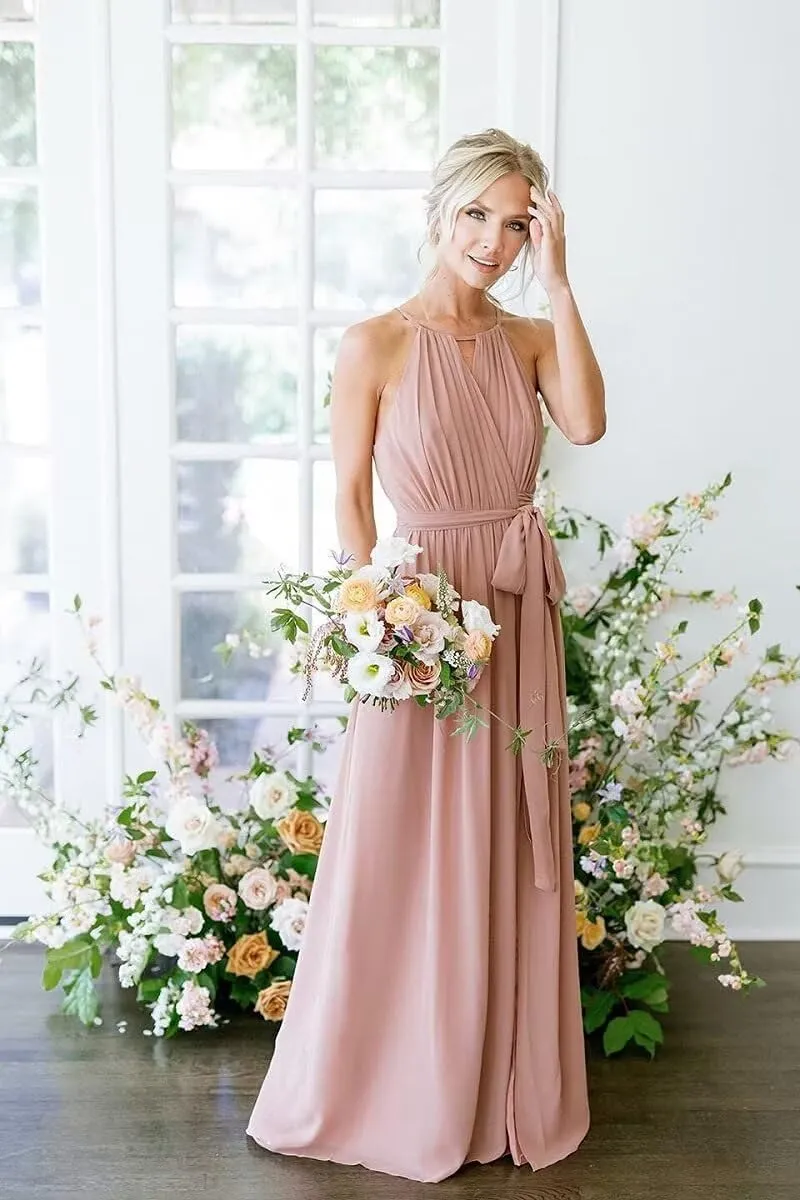 Halterneck Bridesmaid Dresses for Wedding Pleated Chiffon Long Formal Dresses with Slit