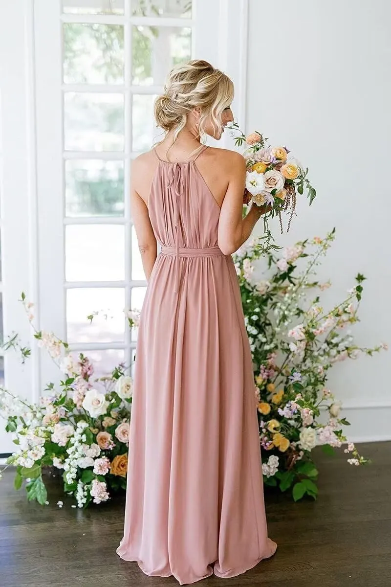 Halterneck Bridesmaid Dresses for Wedding Pleated Chiffon Long Formal Dresses with Slit