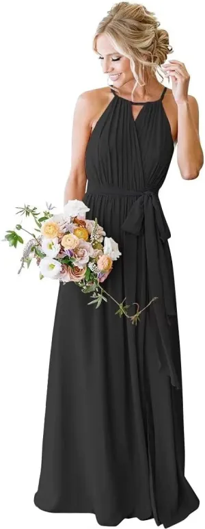 Halterneck Bridesmaid Dresses for Wedding Pleated Chiffon Long Formal Dresses with Slit