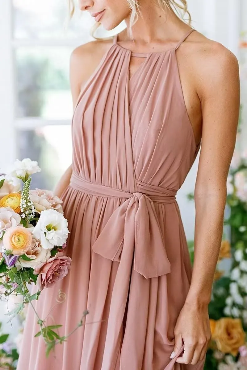 Halterneck Bridesmaid Dresses for Wedding Pleated Chiffon Long Formal Dresses with Slit
