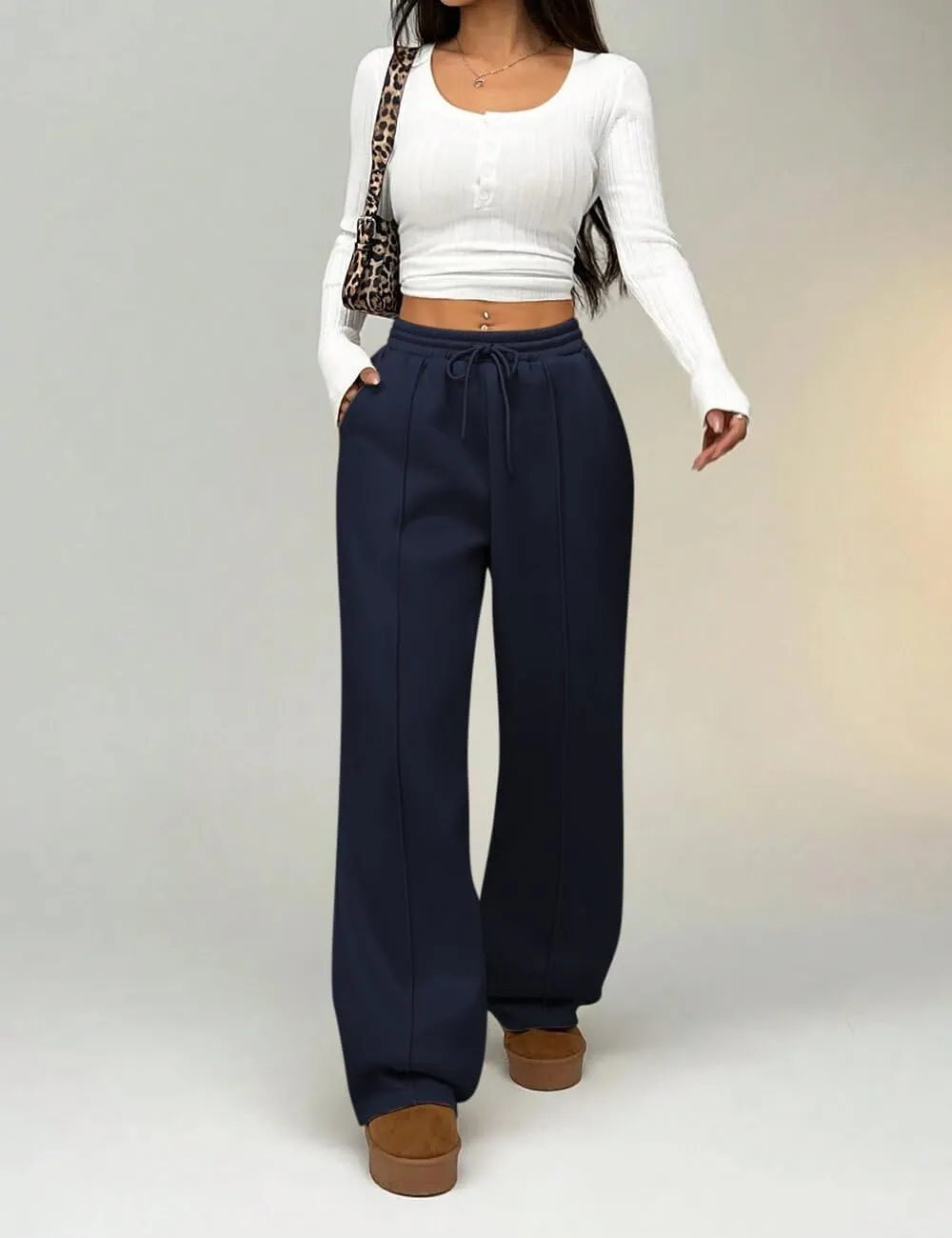 HeSaYep Women's Wide Leg Fleece Sweatpants High Waist Baggy Pants Drawstring Athletic Sweat Pants