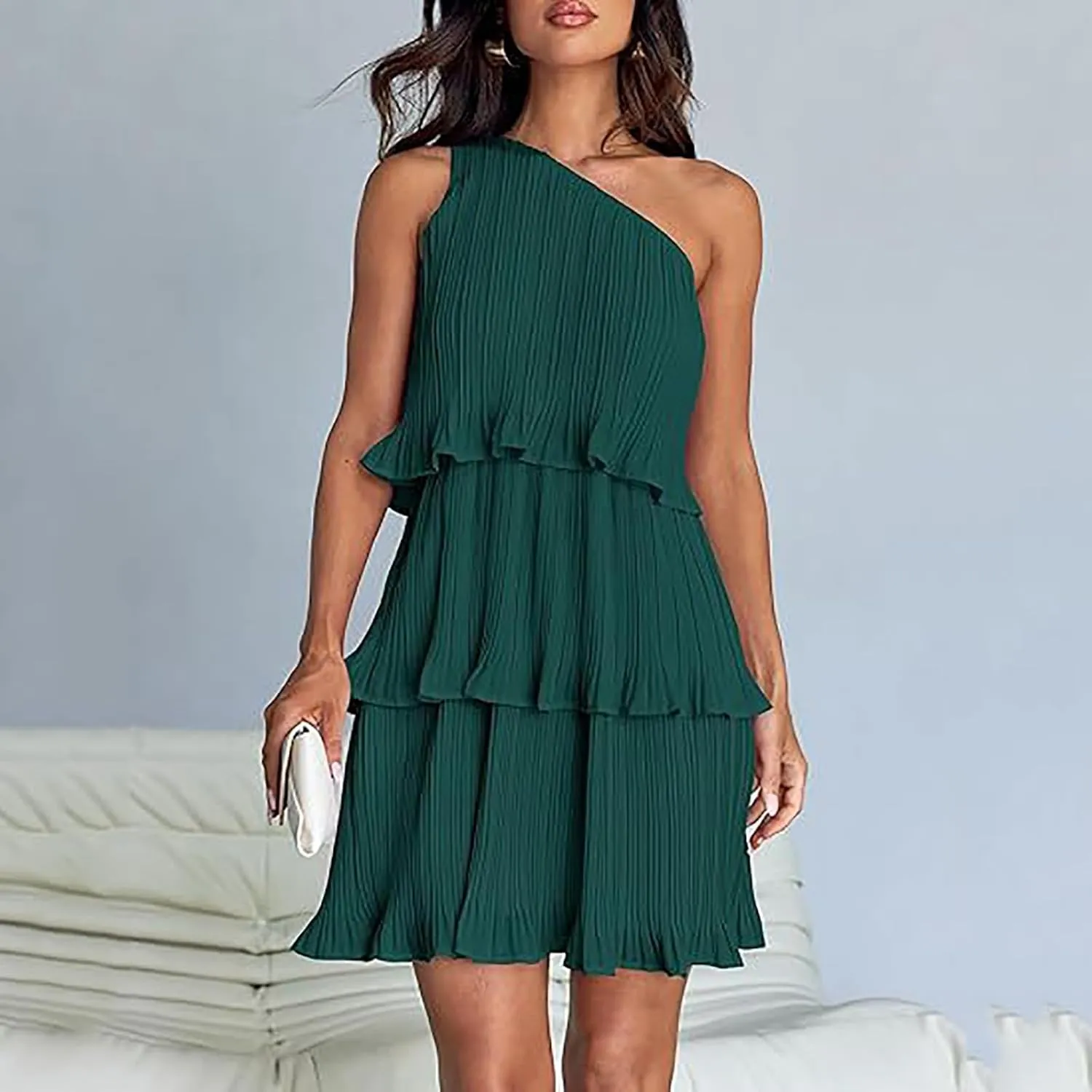 HGps8w One Shoulder Dresses for Women Summer Sleeveless Ruffle Tiered Layered Chiffon Flowy A Line Mini Dress for Party