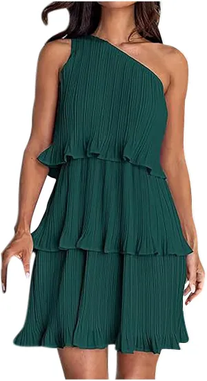 HGps8w One Shoulder Dresses for Women Summer Sleeveless Ruffle Tiered Layered Chiffon Flowy A Line Mini Dress for Party