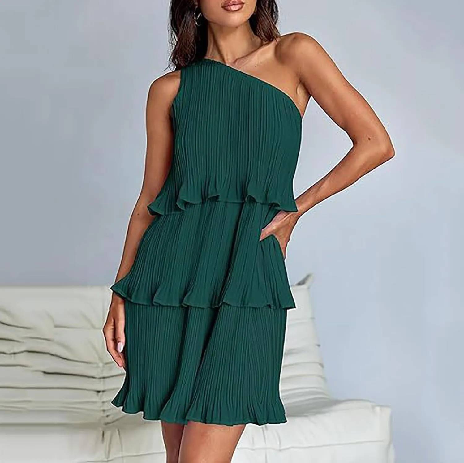 HGps8w One Shoulder Dresses for Women Summer Sleeveless Ruffle Tiered Layered Chiffon Flowy A Line Mini Dress for Party