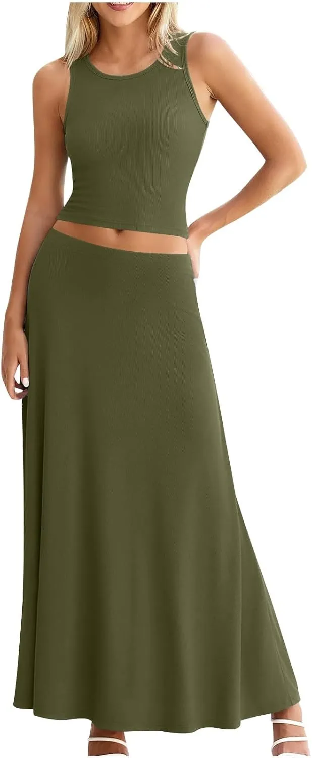 HGps8w Womens 2 Piece Outfits Knitted Casual Summer Fitted Cropped Tank Top with High Waisted Long Skirt Loungewear Sets