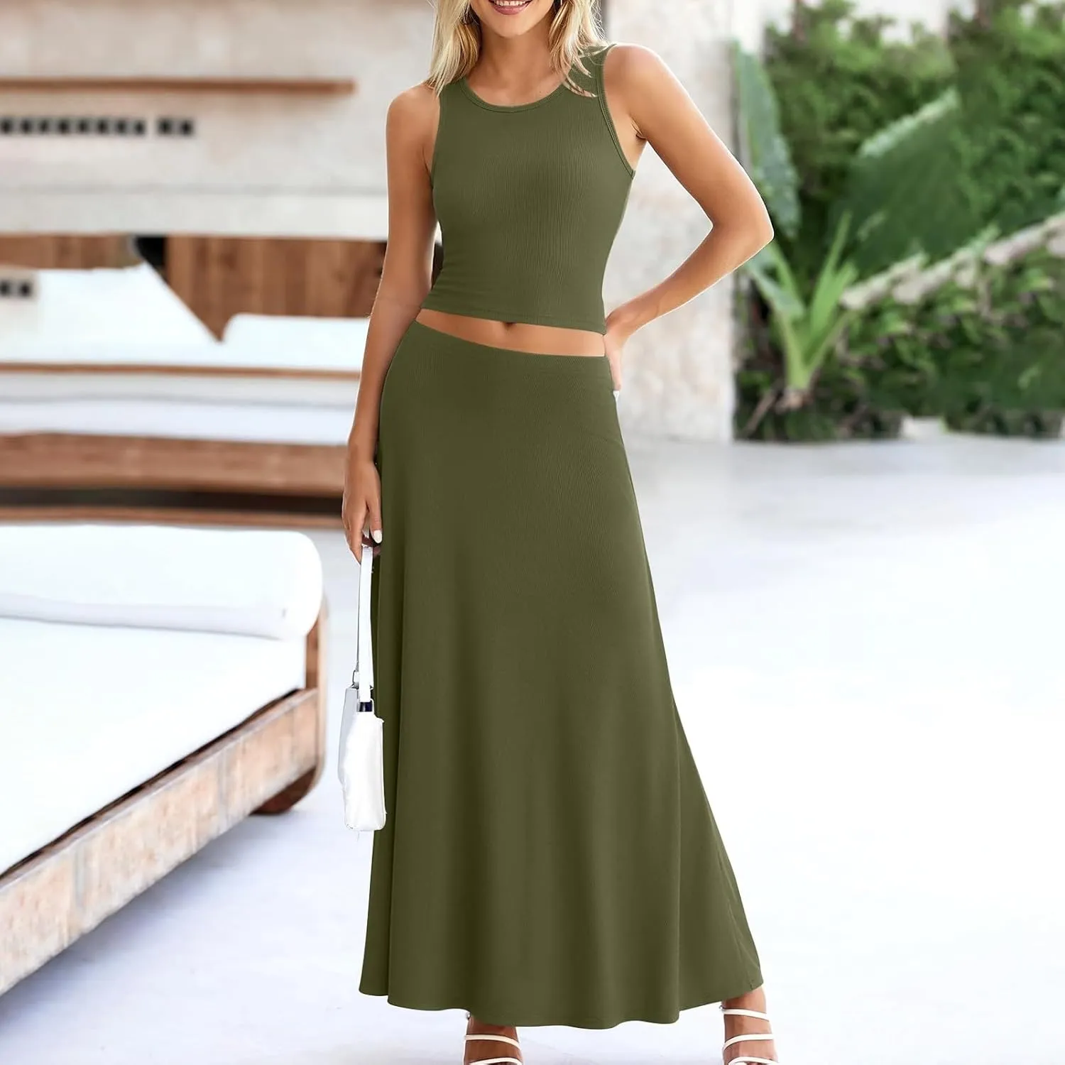 HGps8w Womens 2 Piece Outfits Knitted Casual Summer Fitted Cropped Tank Top with High Waisted Long Skirt Loungewear Sets