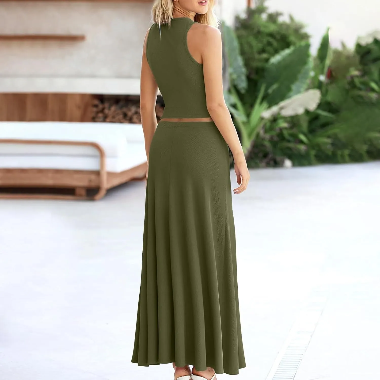 HGps8w Womens 2 Piece Outfits Knitted Casual Summer Fitted Cropped Tank Top with High Waisted Long Skirt Loungewear Sets