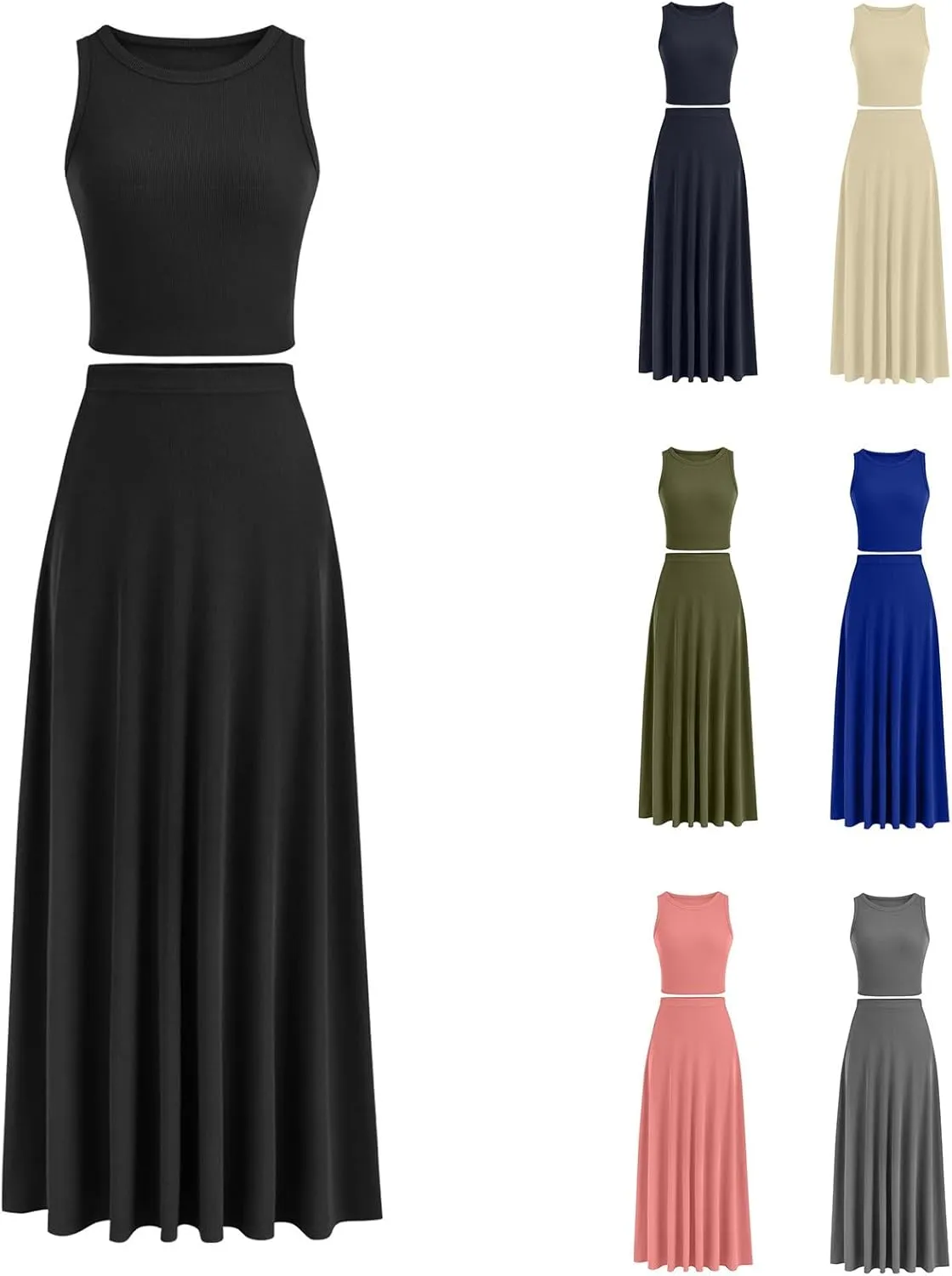 HGps8w Womens 2 Piece Outfits Knitted Casual Summer Fitted Cropped Tank Top with High Waisted Long Skirt Loungewear Sets