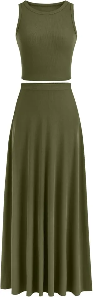 HGps8w Womens 2 Piece Outfits Knitted Casual Summer Fitted Cropped Tank Top with High Waisted Long Skirt Loungewear Sets