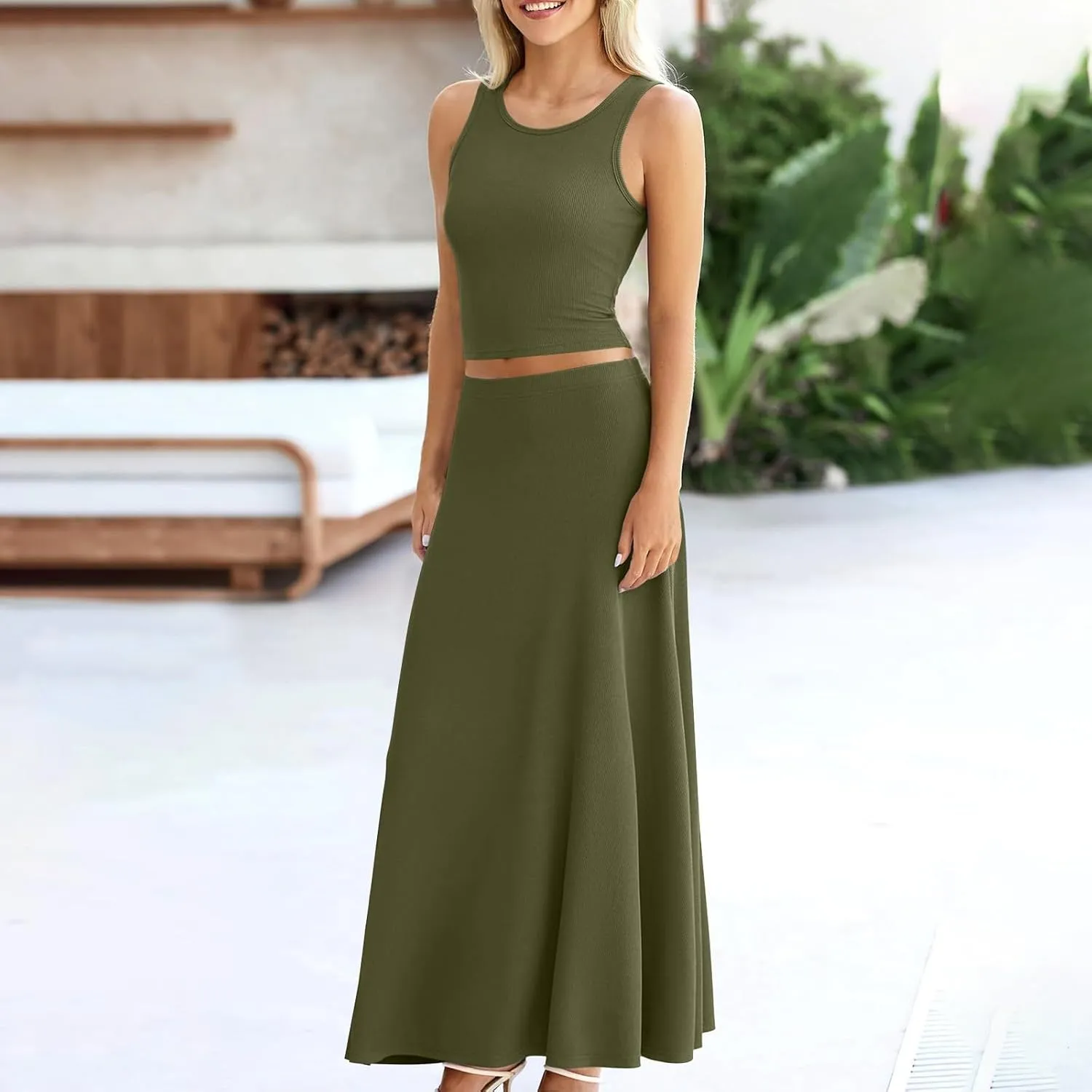 HGps8w Womens 2 Piece Outfits Knitted Casual Summer Fitted Cropped Tank Top with High Waisted Long Skirt Loungewear Sets