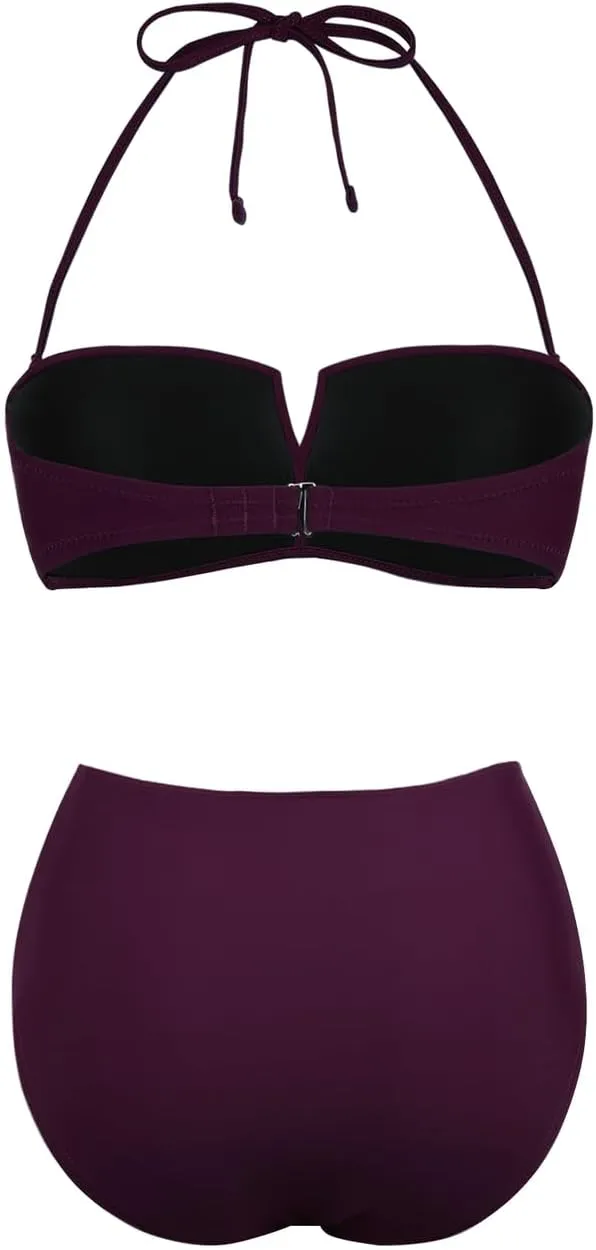 Hilor Bandeau Two Piece Bathing Suits for Women with Strap Retro High Waisted Swimsuits Sexy Push Up Bikini Swimwear