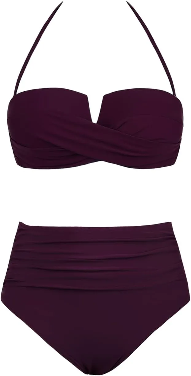 Hilor Bandeau Two Piece Bathing Suits for Women with Strap Retro High Waisted Swimsuits Sexy Push Up Bikini Swimwear